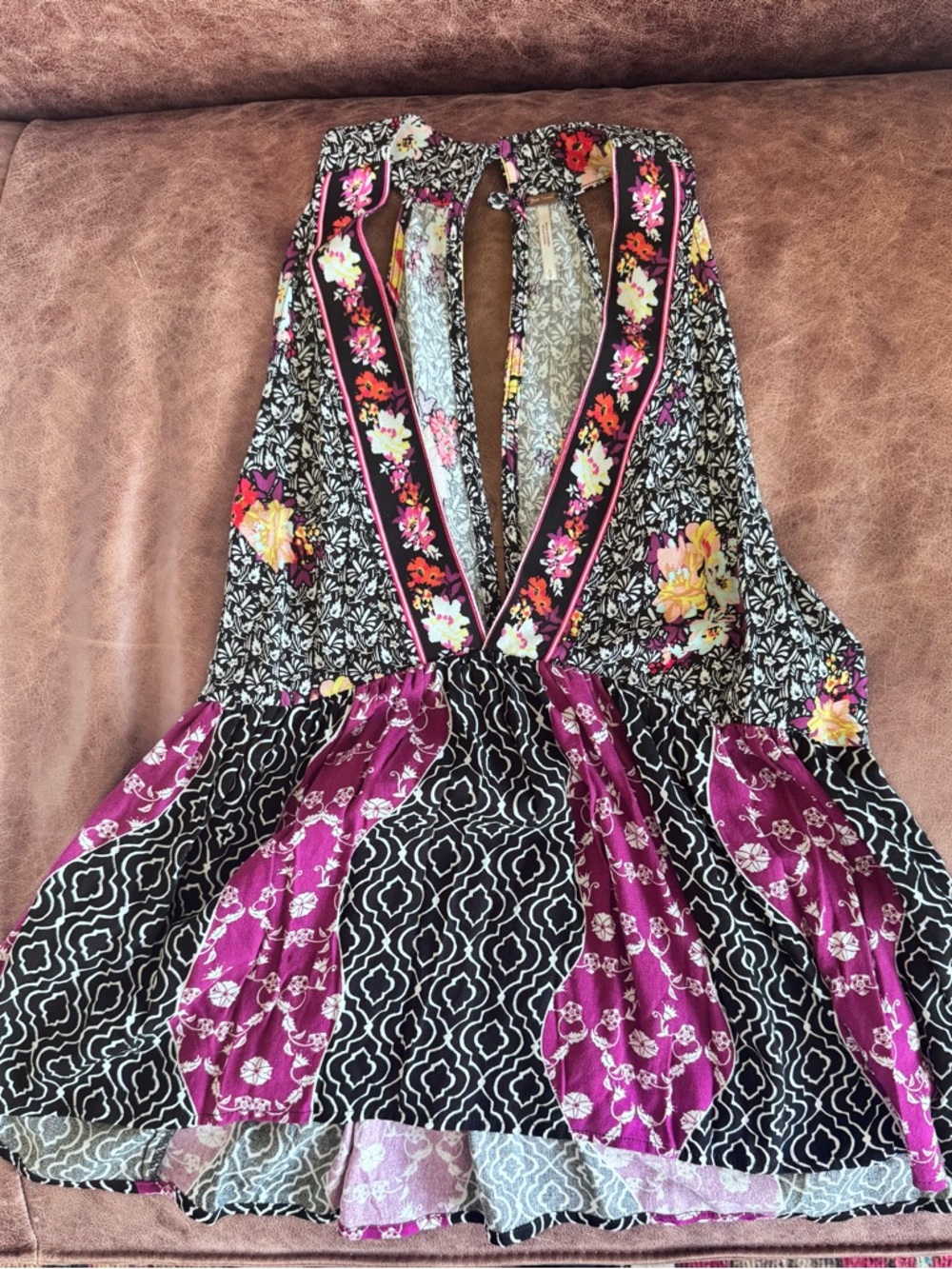 Free People Black Floral Patchwork Halter Tank with Pink Accents